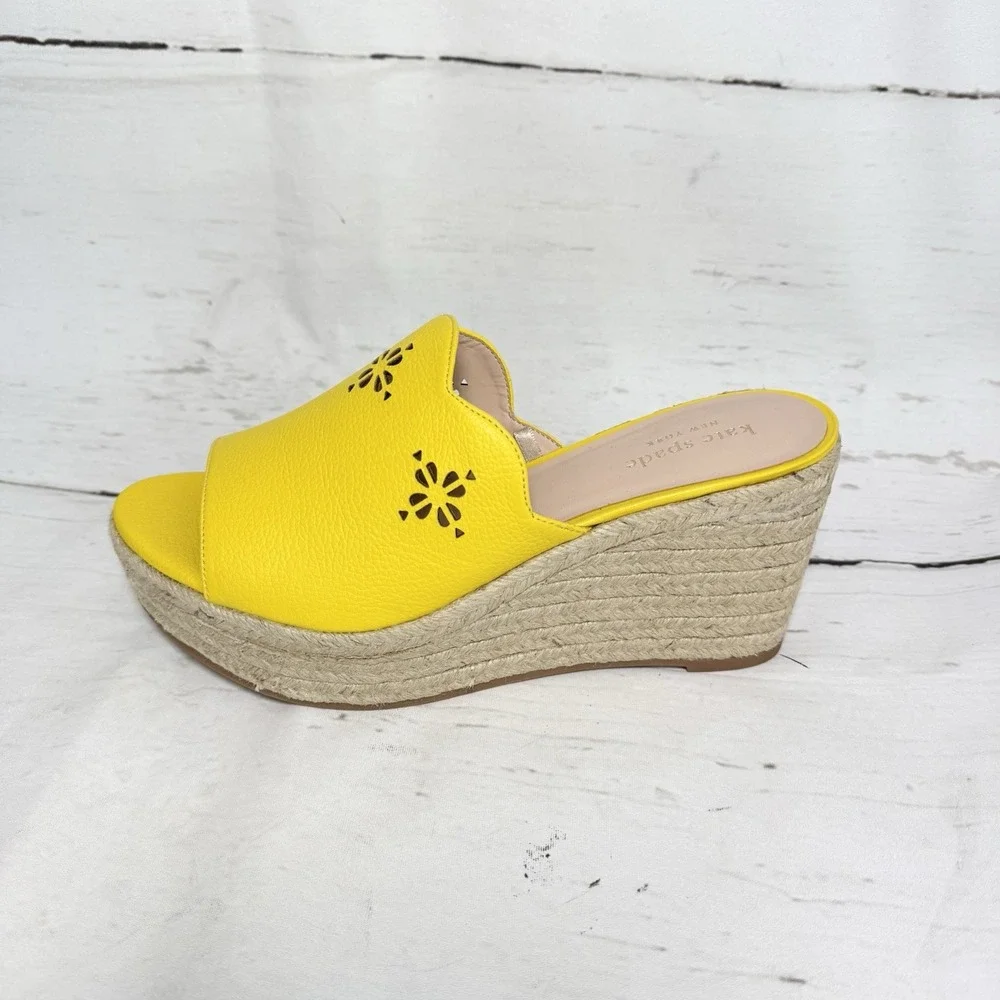Kate Spade Shoes Women's 7.5 Yellow Wedge Espadrille Sandals Leather Platform